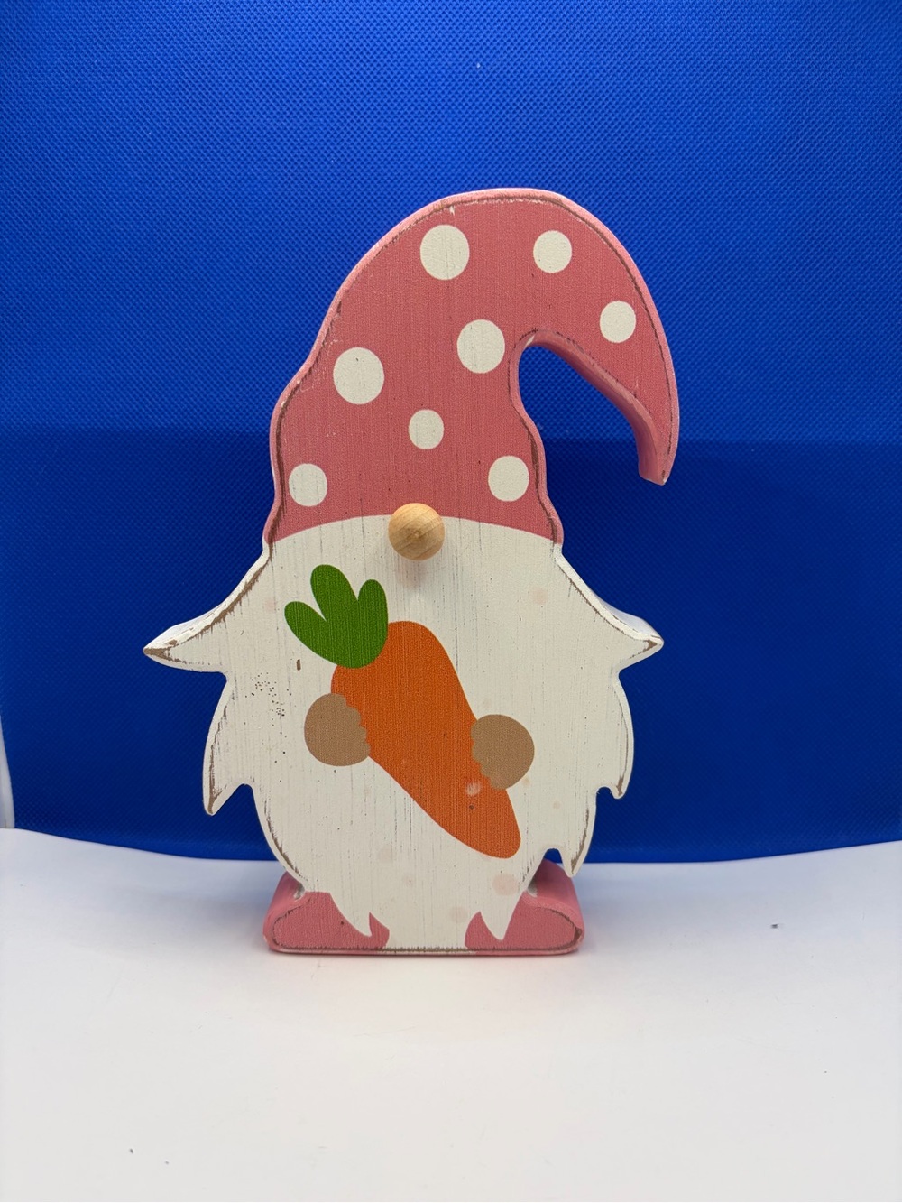 Pink Polka Dot Gnome Holding Carrot Wooden Spring Easter Decor